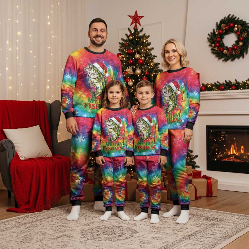 Funny Fishmas Bass Christmas Pajama Set Merry Fishmas Tie-dye Christmas Vibes - Wonder Print Shop