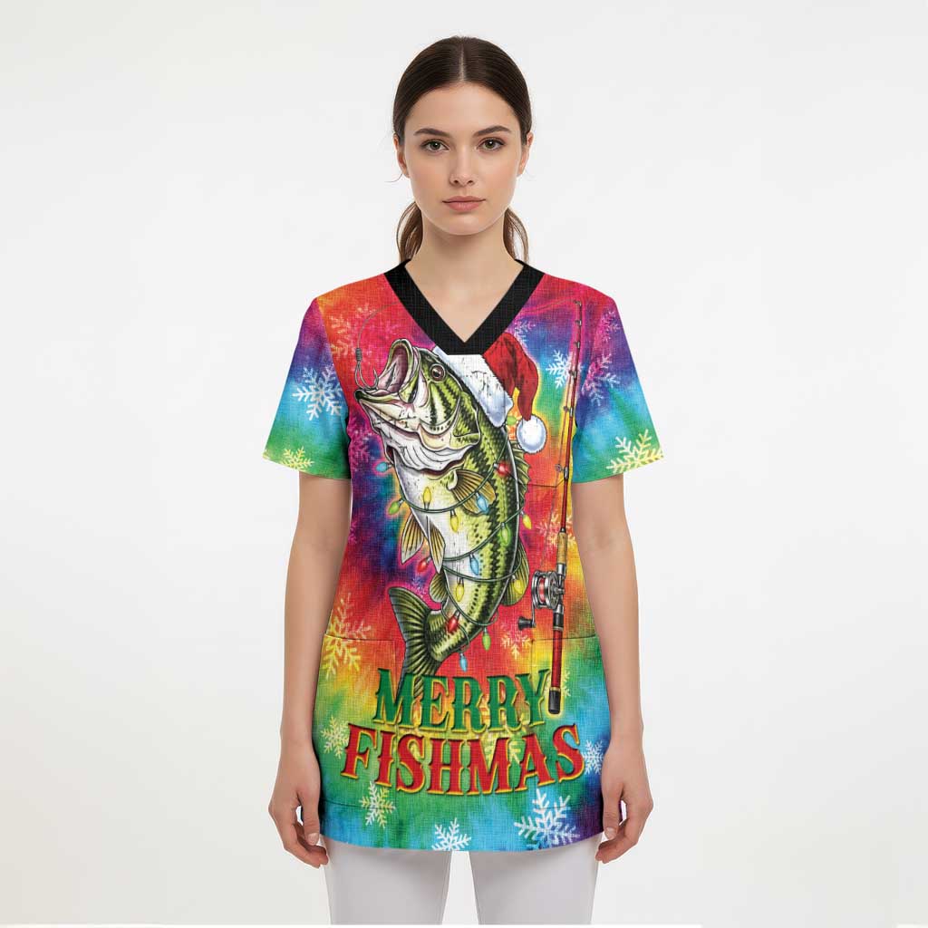 Funny Fishmas Bass Scrub Top Merry Fishmas Tie-dye Christmas Vibes - Wonder Print Shop