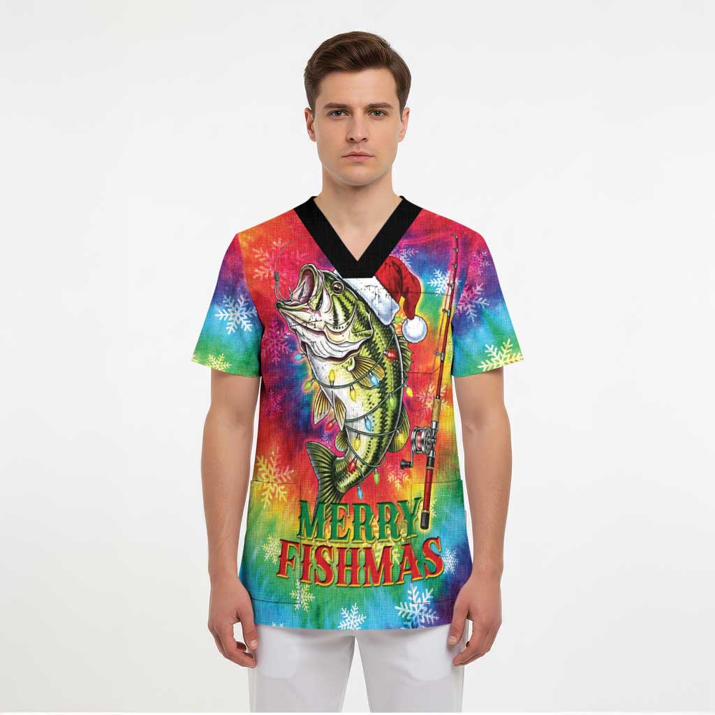 Funny Fishmas Bass Scrub Top Merry Fishmas Tie-dye Christmas Vibes - Wonder Print Shop
