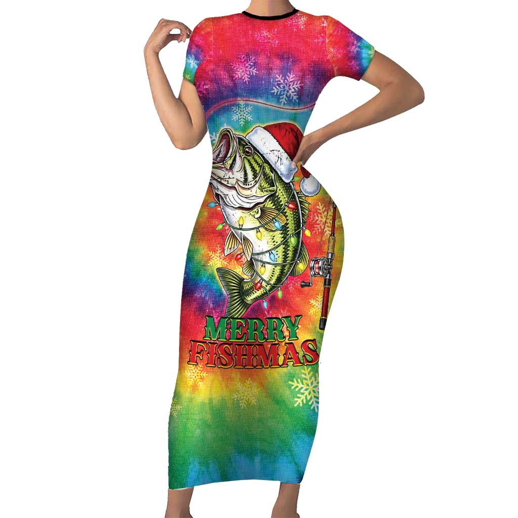 Funny Fishmas Bass Short Sleeve Bodycon Dress Merry Fishmas Tie-dye Christmas Vibes - Wonder Print Shop