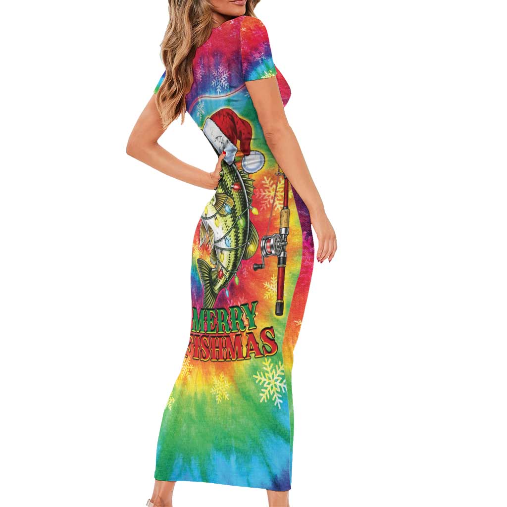 Funny Fishmas Bass Short Sleeve Bodycon Dress Merry Fishmas Tie-dye Christmas Vibes - Wonder Print Shop
