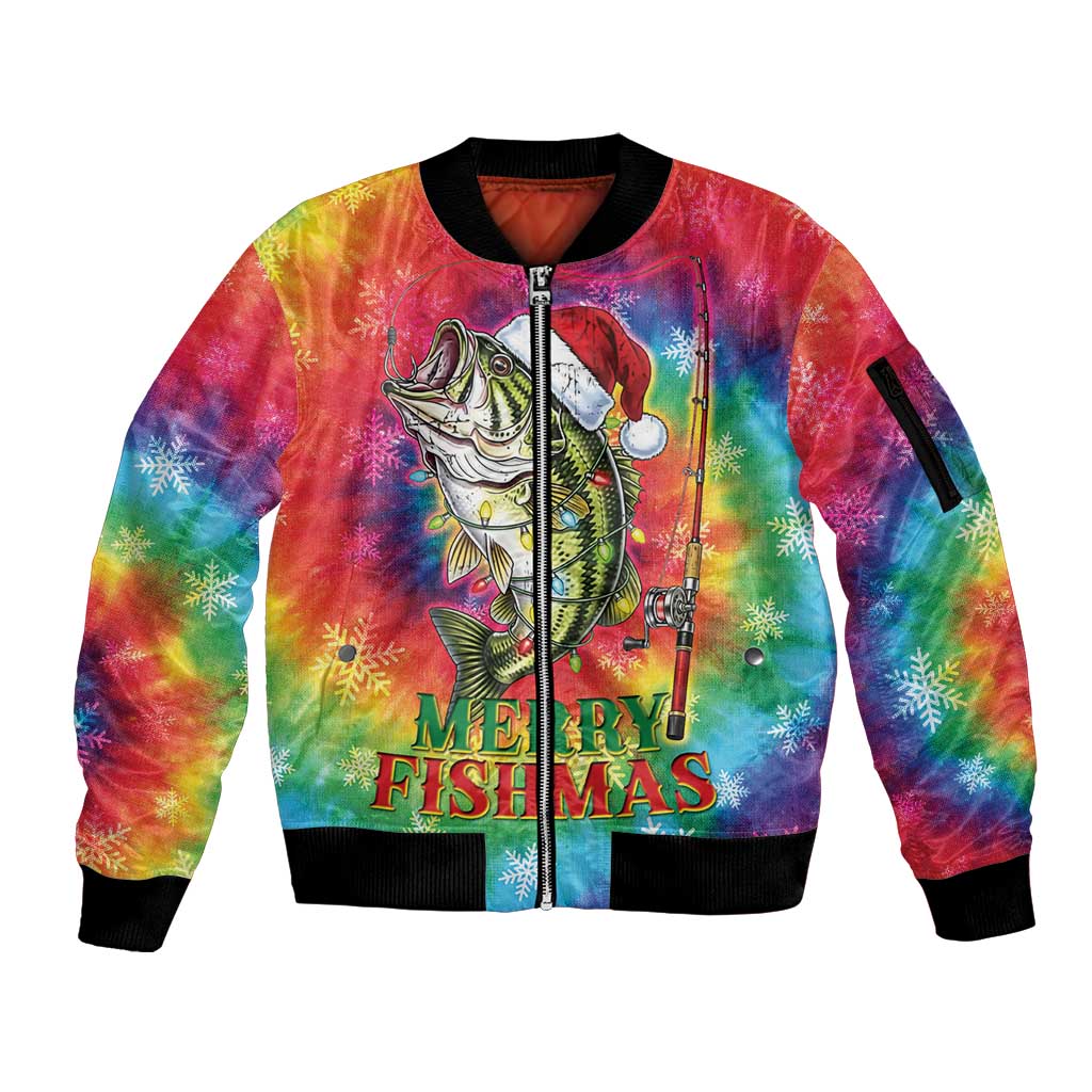 Funny Fishmas Bass Sleeve Zip Bomber Jacket Merry Fishmas Tie-dye Christmas Vibes - Wonder Print Shop