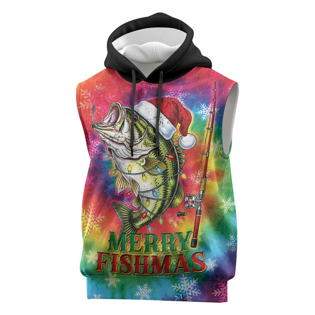 Funny Fishmas Bass Sleeveless Hoodie Merry Fishmas Tie-dye Christmas Vibes - Wonder Print Shop