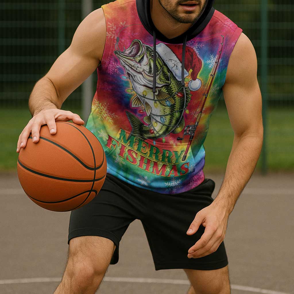 Funny Fishmas Bass Sleeveless Hoodie Merry Fishmas Tie-dye Christmas Vibes - Wonder Print Shop