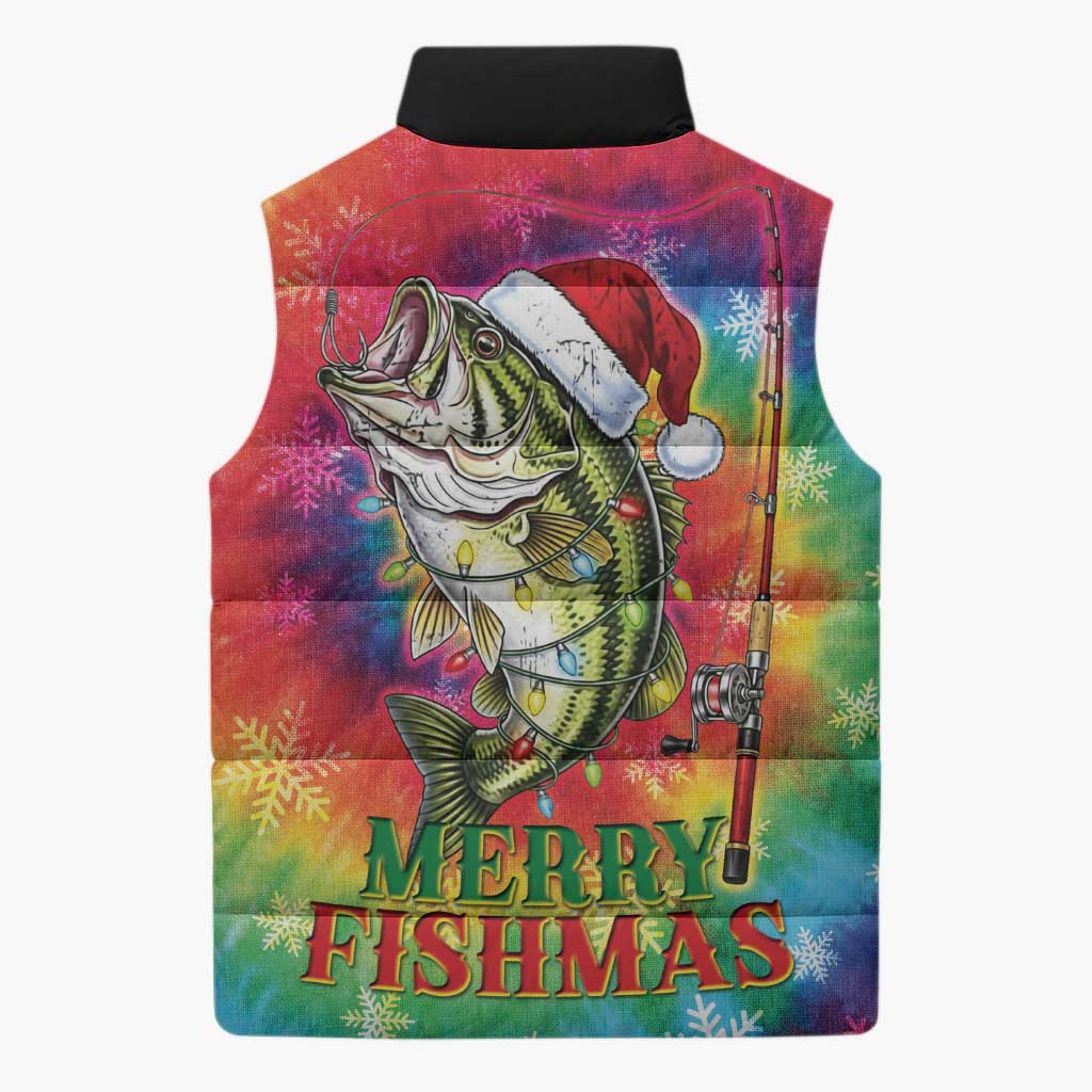 Funny Fishmas Bass Sleeveless Puffer Jacket Merry Fishmas Tie-dye Christmas Vibes - Wonder Print Shop