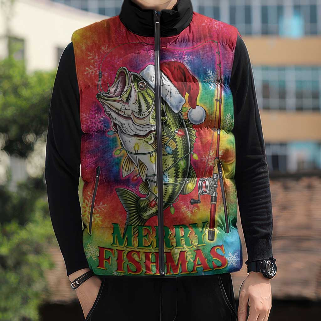 Funny Fishmas Bass Sleeveless Puffer Jacket Merry Fishmas Tie-dye Christmas Vibes - Wonder Print Shop
