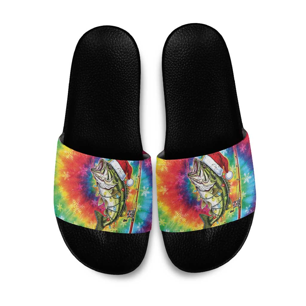 Funny Fishmas Bass Slide Sandals Merry Fishmas Tie-dye Christmas Vibes - Wonder Print Shop