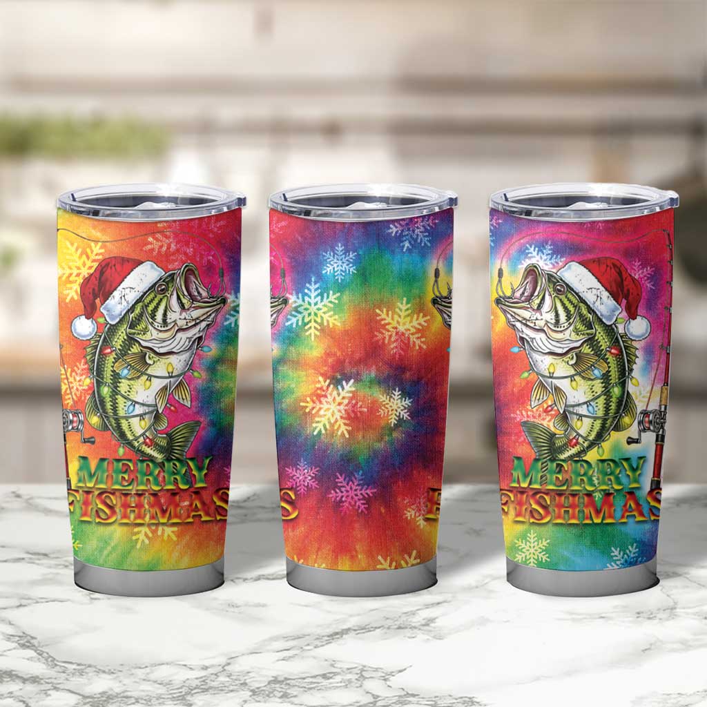 Funny Fishmas Bass Tumbler Cup Merry Fishmas Tie-dye Christmas Vibes - Wonder Print Shop