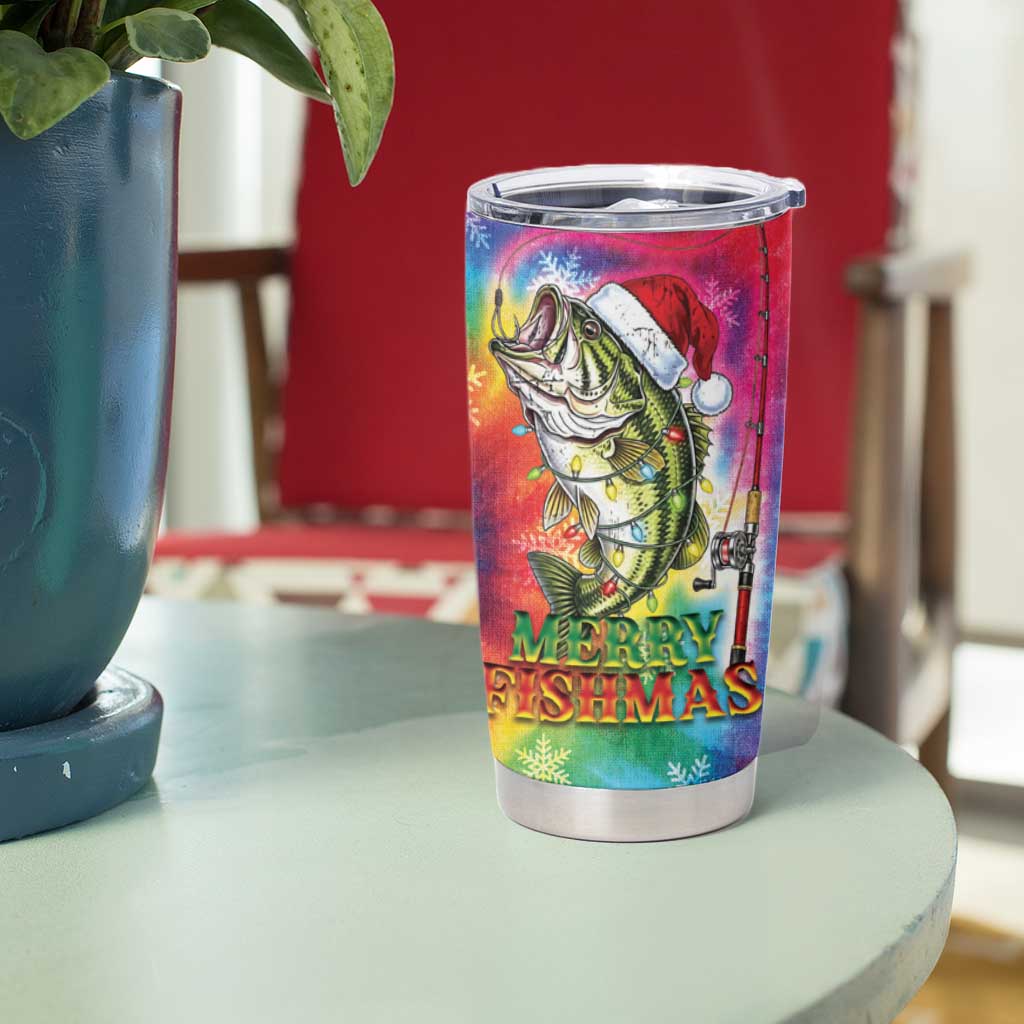 Funny Fishmas Bass Tumbler Cup Merry Fishmas Tie-dye Christmas Vibes - Wonder Print Shop