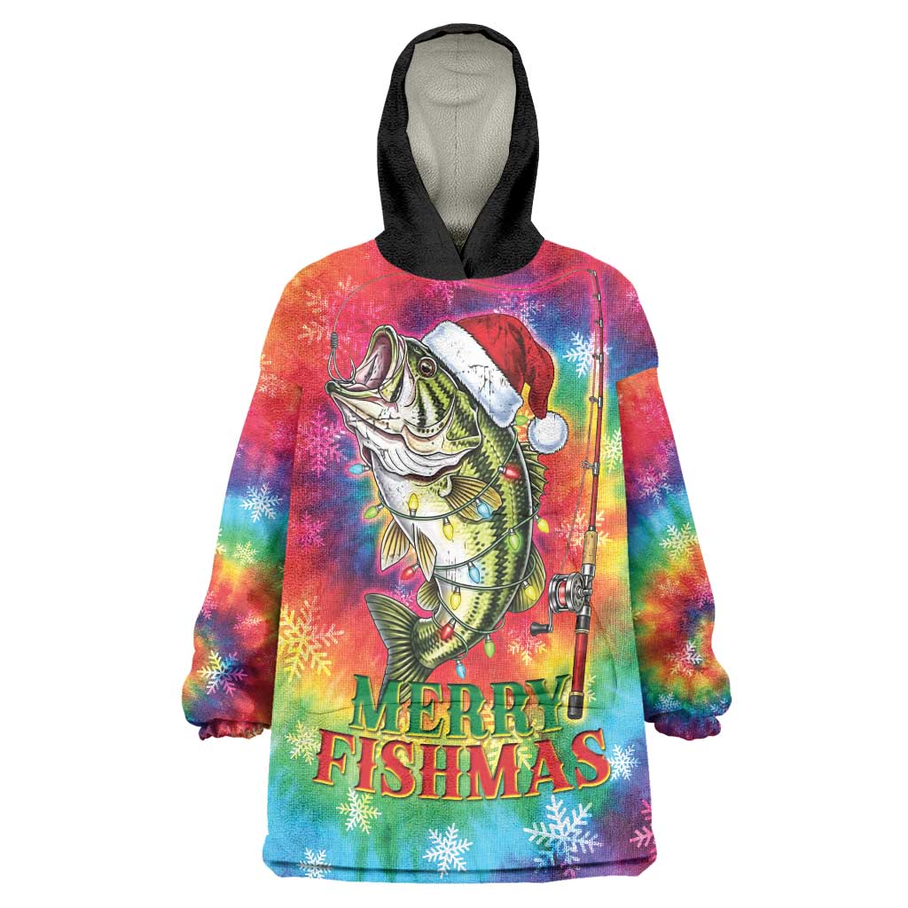 Funny Fishmas Bass Wearable Blanket Hoodie Merry Fishmas Tie-dye Christmas Vibes - undefined