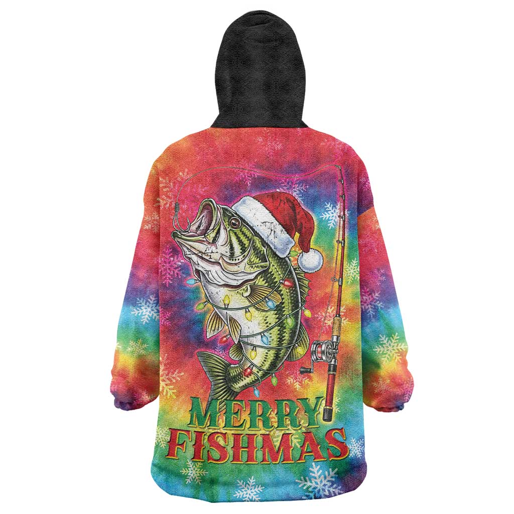 Funny Fishmas Bass Wearable Blanket Hoodie Merry Fishmas Tie-dye Christmas Vibes - undefined
