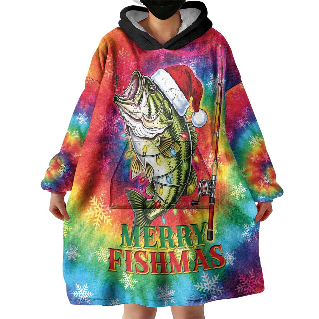 Funny Fishmas Bass Wearable Blanket Hoodie Merry Fishmas Tie-dye Christmas Vibes - undefined