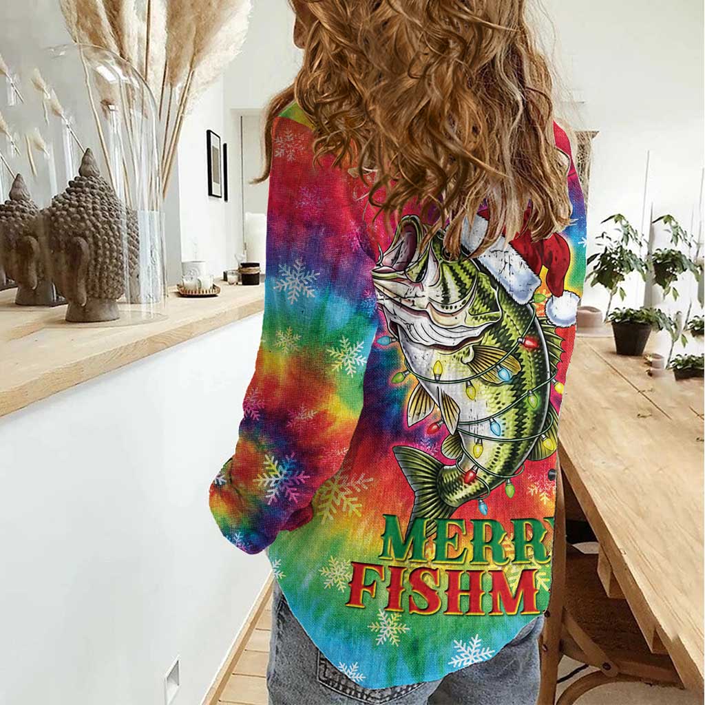 Funny Fishmas Bass Women Casual Shirt Merry Fishmas Tie-dye Christmas Vibes - Wonder Print Shop