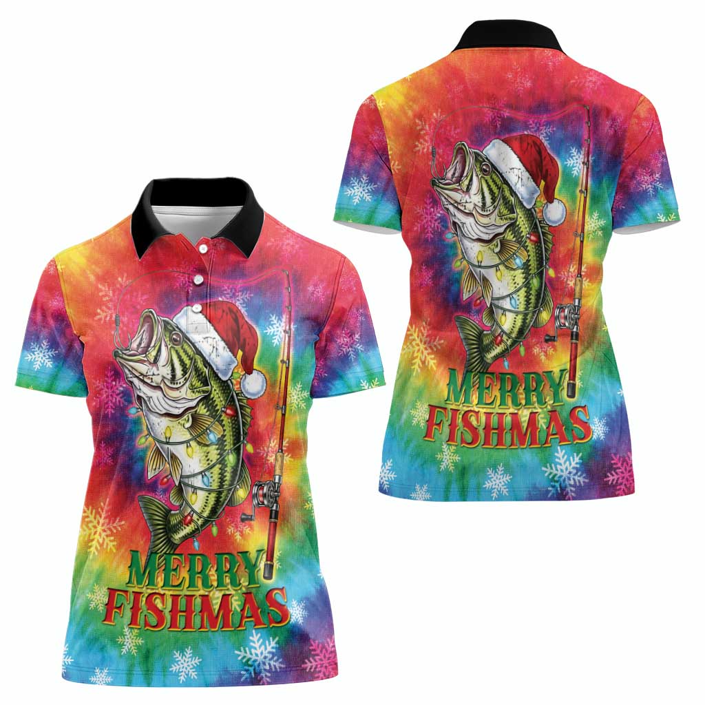 Funny Fishmas Bass Women Polo Shirt Merry Fishmas Tie-dye Christmas Vibes - Wonder Print Shop