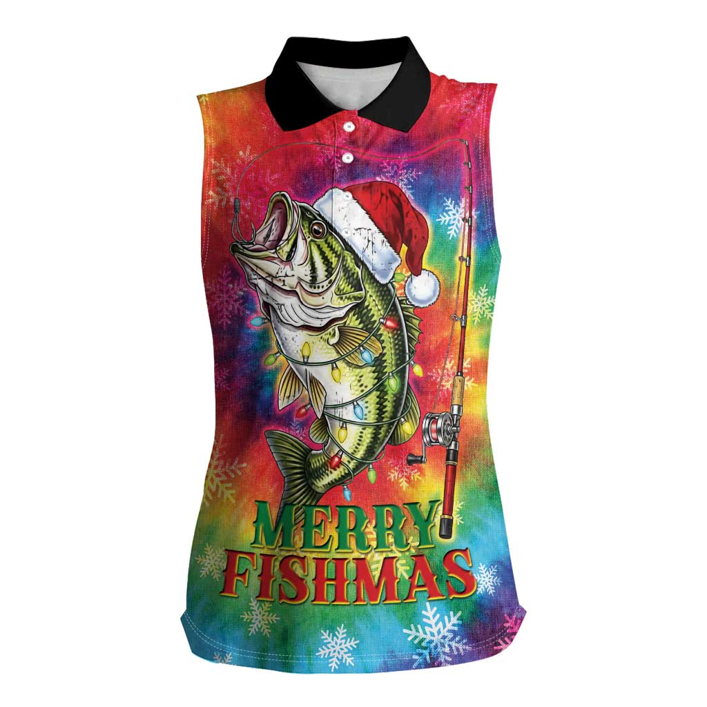 Funny Fishmas Bass Women Sleeveless Polo Shirt Merry Fishmas Tie-dye Christmas Vibes - Wonder Print Shop