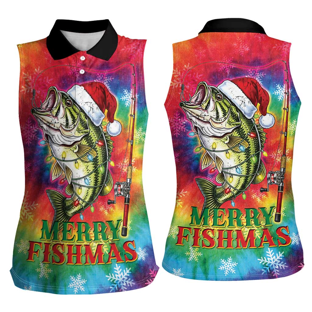 Funny Fishmas Bass Women Sleeveless Polo Shirt Merry Fishmas Tie-dye Christmas Vibes - Wonder Print Shop