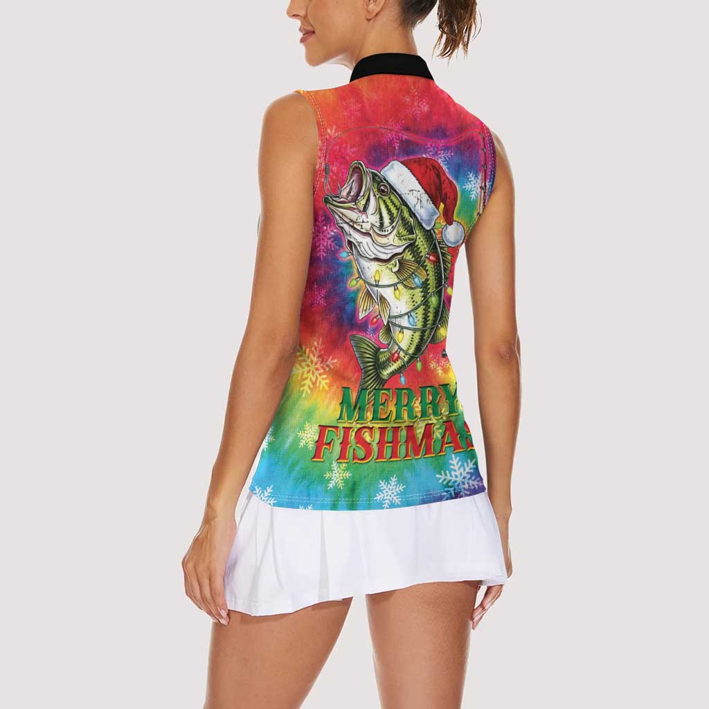 Funny Fishmas Bass Women Sleeveless Polo Shirt Merry Fishmas Tie-dye Christmas Vibes - Wonder Print Shop