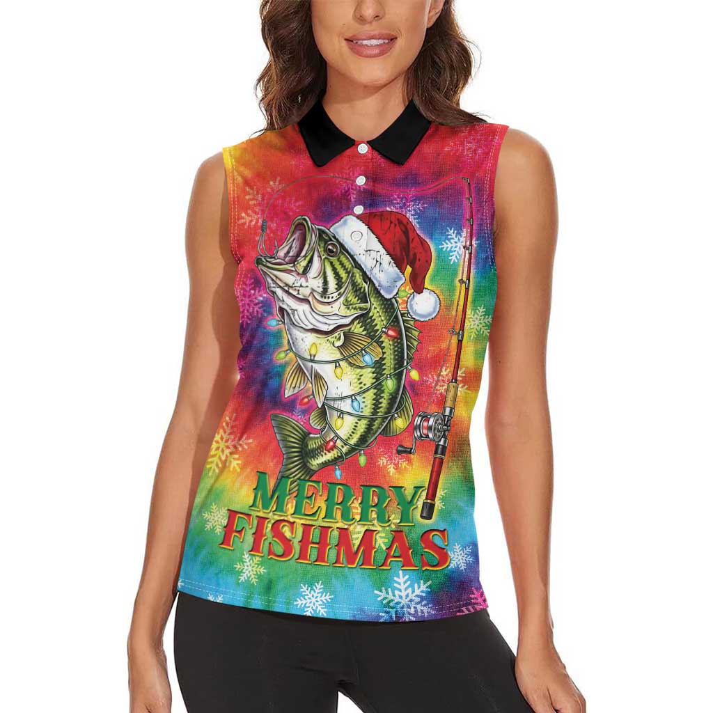 Funny Fishmas Bass Women Sleeveless Polo Shirt Merry Fishmas Tie-dye Christmas Vibes - Wonder Print Shop