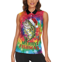 Funny Fishmas Bass Women Sleeveless Polo Shirt Merry Fishmas Tie-dye Christmas Vibes - Wonder Print Shop