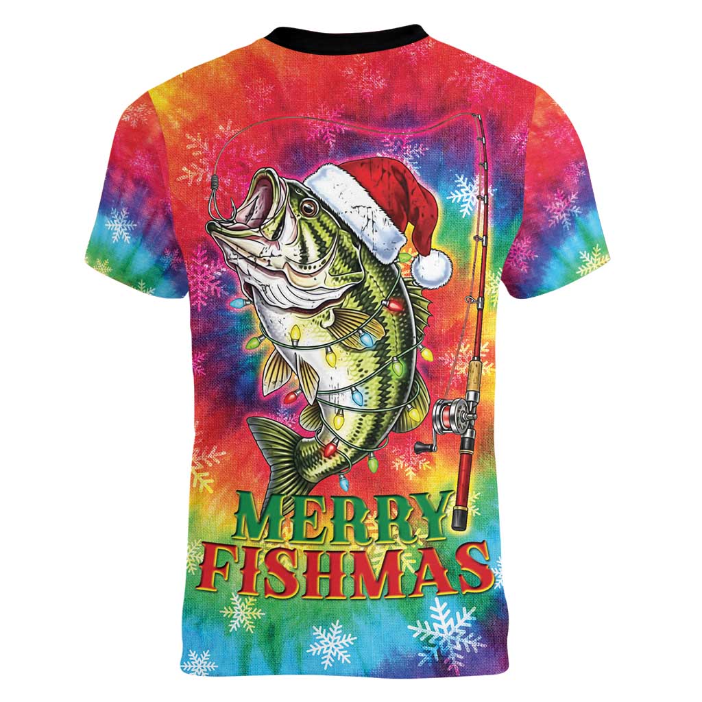 Funny Fishmas Bass Women V-Neck T-Shirt Merry Fishmas Tie-dye Christmas Vibes - Wonder Print Shop