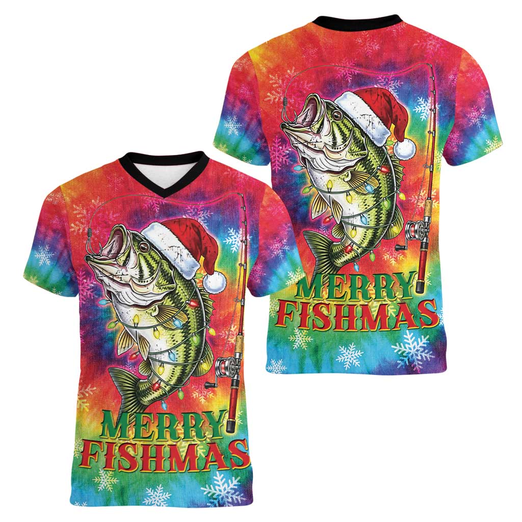 Funny Fishmas Bass Women V-Neck T-Shirt Merry Fishmas Tie-dye Christmas Vibes - Wonder Print Shop
