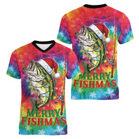 Funny Fishmas Bass Women V-Neck T-Shirt Merry Fishmas Tie-dye Christmas Vibes - Wonder Print Shop