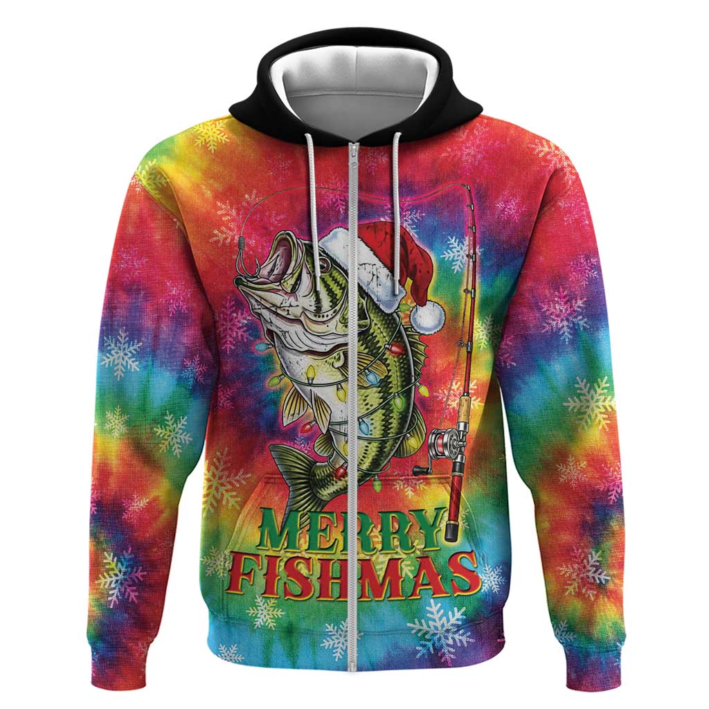Funny Fishmas Bass Zip Hoodie Merry Fishmas Tie-dye Christmas Vibes - Wonder Print Shop
