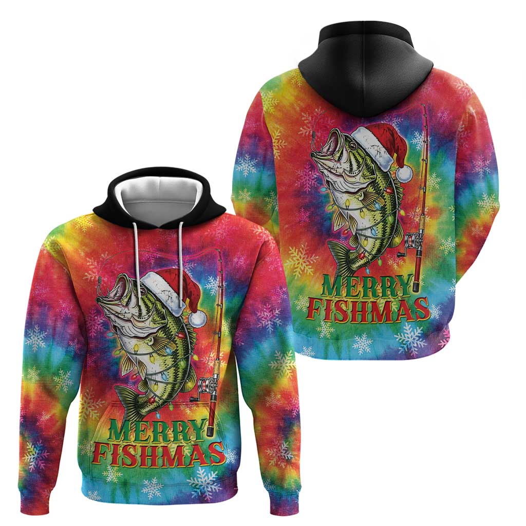Funny Fishmas Bass Zip Hoodie Merry Fishmas Tie-dye Christmas Vibes - Wonder Print Shop