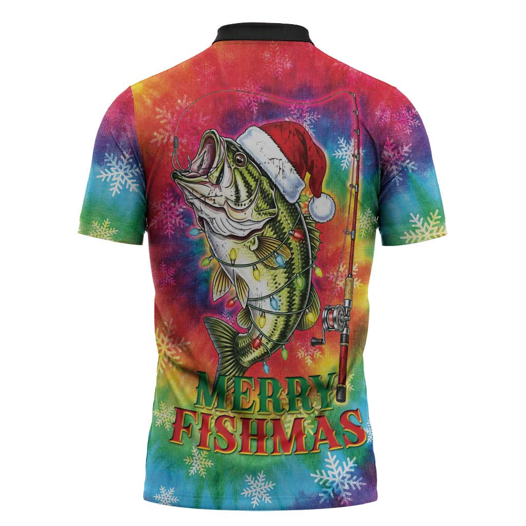 Funny Fishmas Bass Zipper Polo Shirt Merry Fishmas Tie-dye Christmas Vibes - Wonder Print Shop