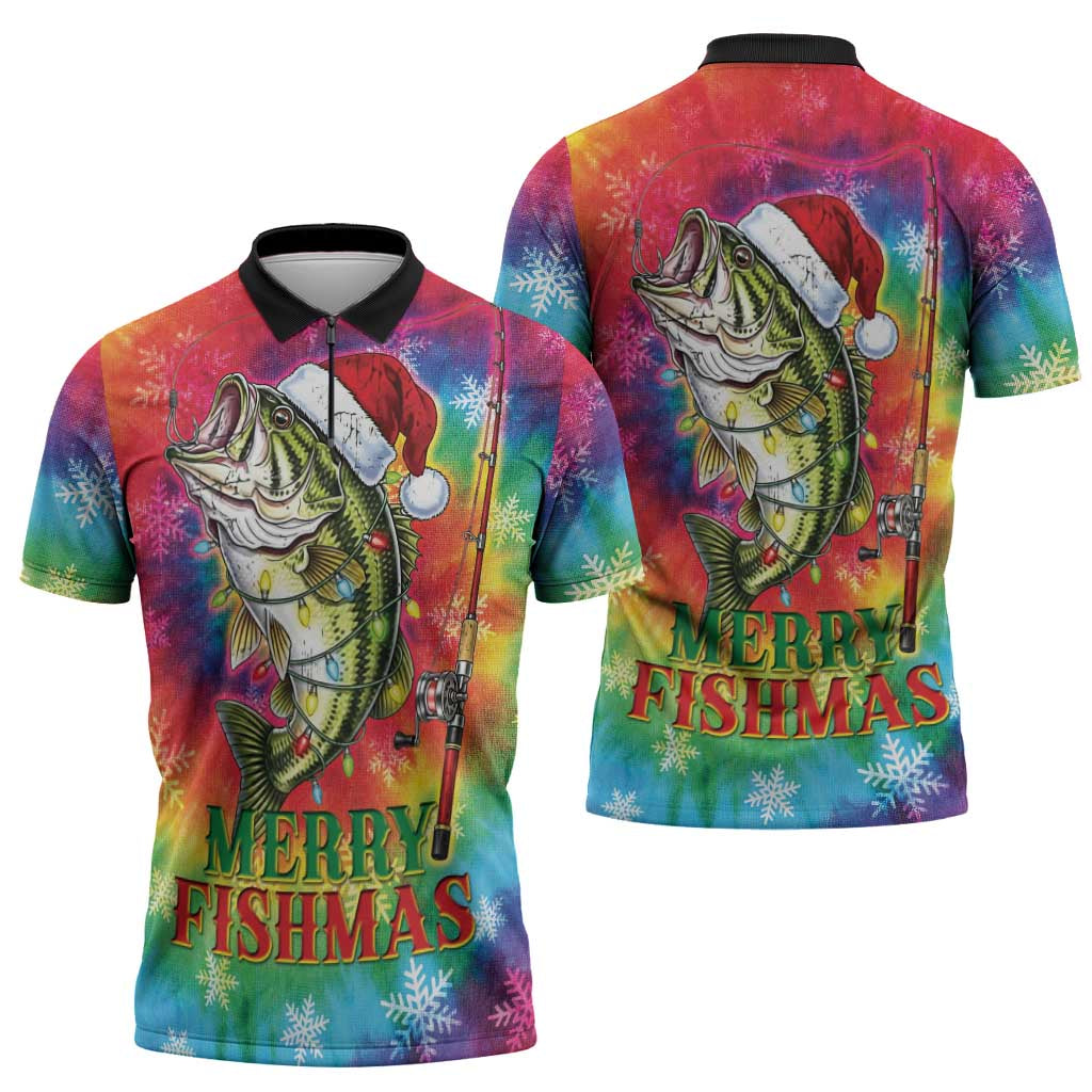 Funny Fishmas Bass Zipper Polo Shirt Merry Fishmas Tie-dye Christmas Vibes - Wonder Print Shop