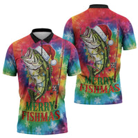 Funny Fishmas Bass Zipper Polo Shirt Merry Fishmas Tie-dye Christmas Vibes - Wonder Print Shop