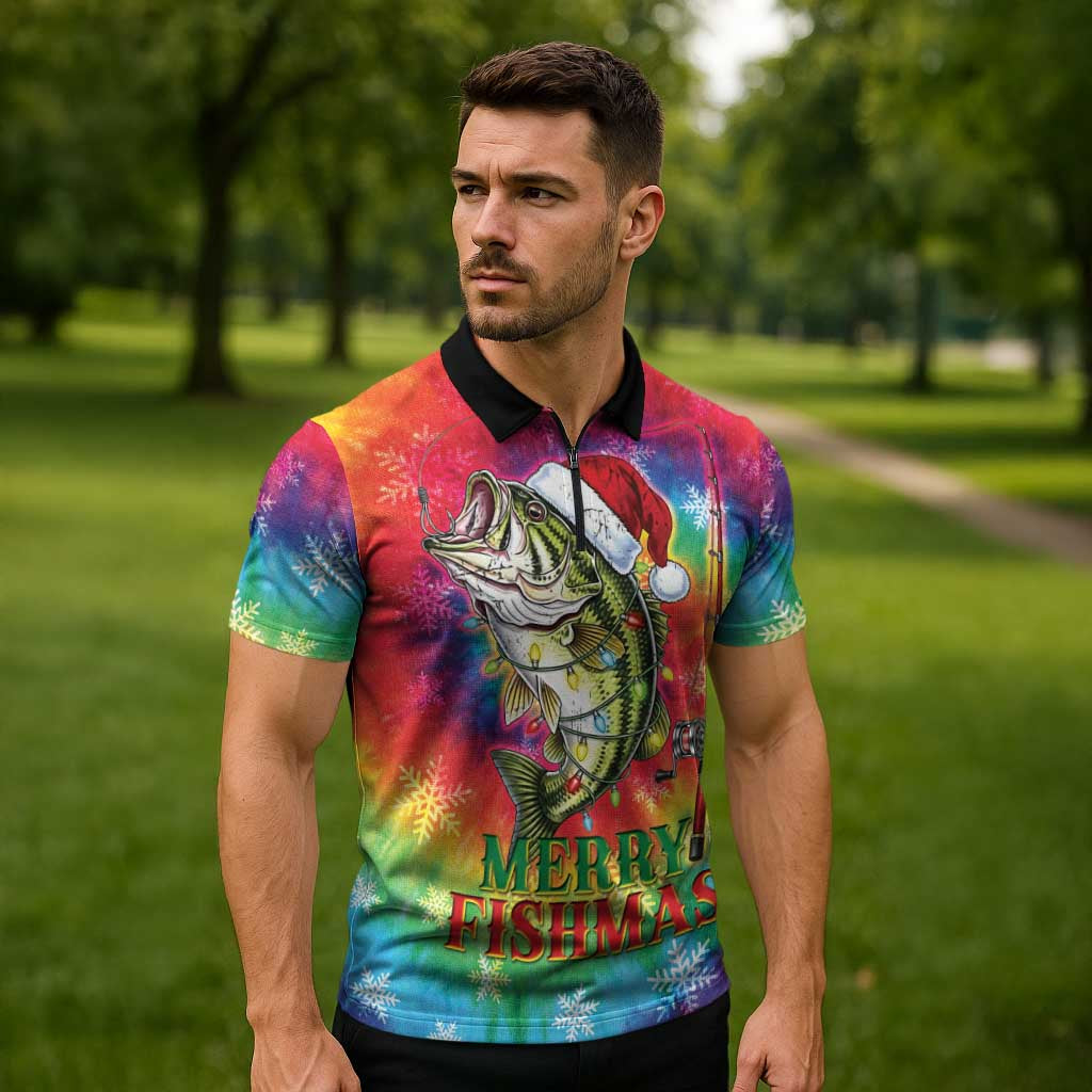 Funny Fishmas Bass Zipper Polo Shirt Merry Fishmas Tie-dye Christmas Vibes - Wonder Print Shop
