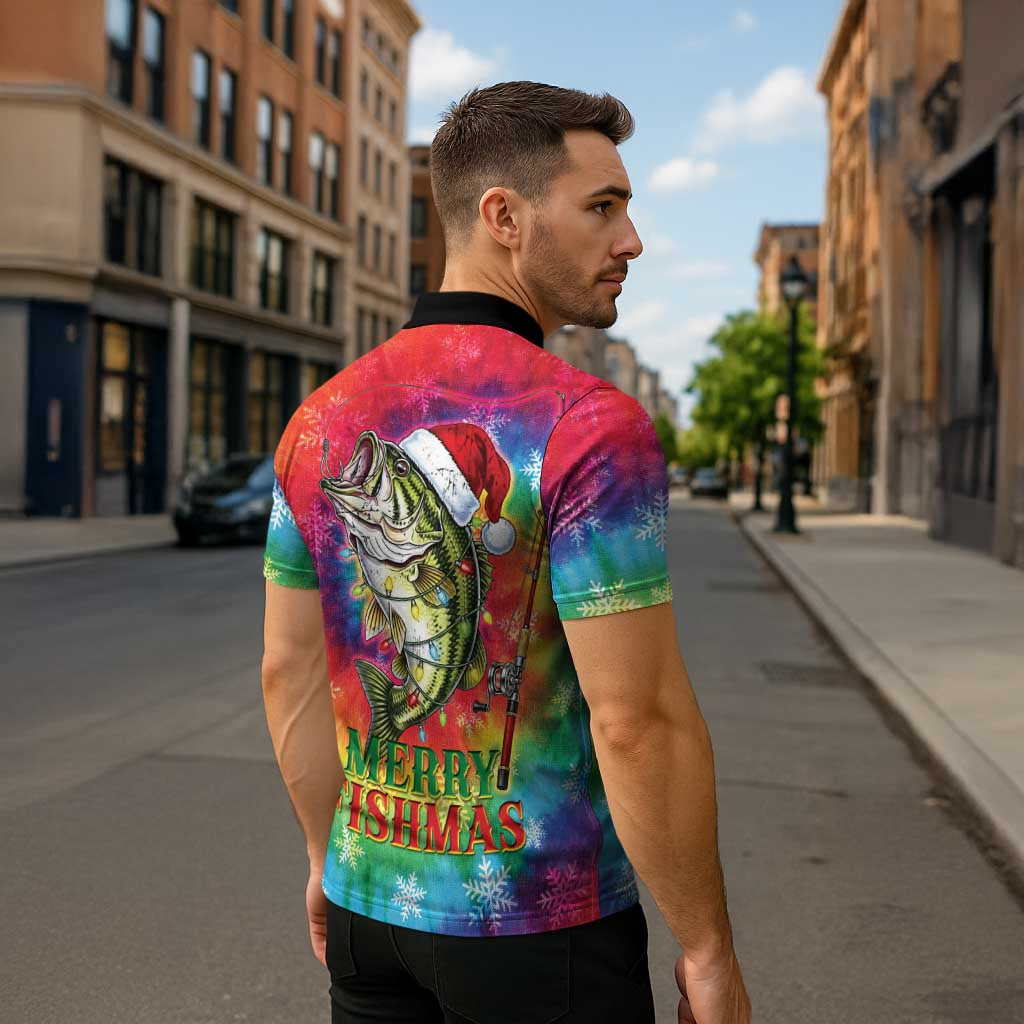 Funny Fishmas Bass Zipper Polo Shirt Merry Fishmas Tie-dye Christmas Vibes - Wonder Print Shop