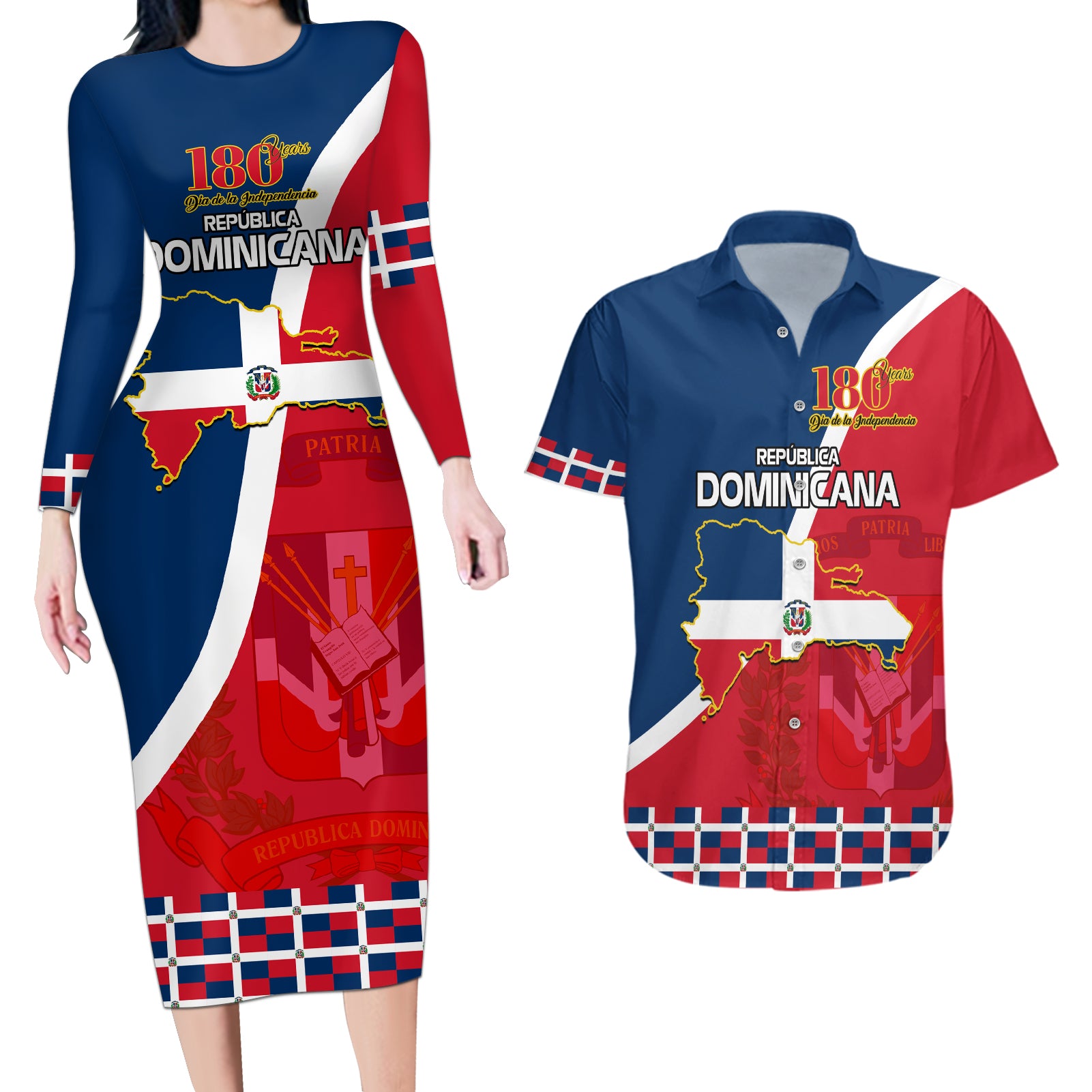 dominican-republic-180th-years-independence-day-personalized-couples-matching-long-sleeve-bodycon-dress-and-hawaiian-shirt