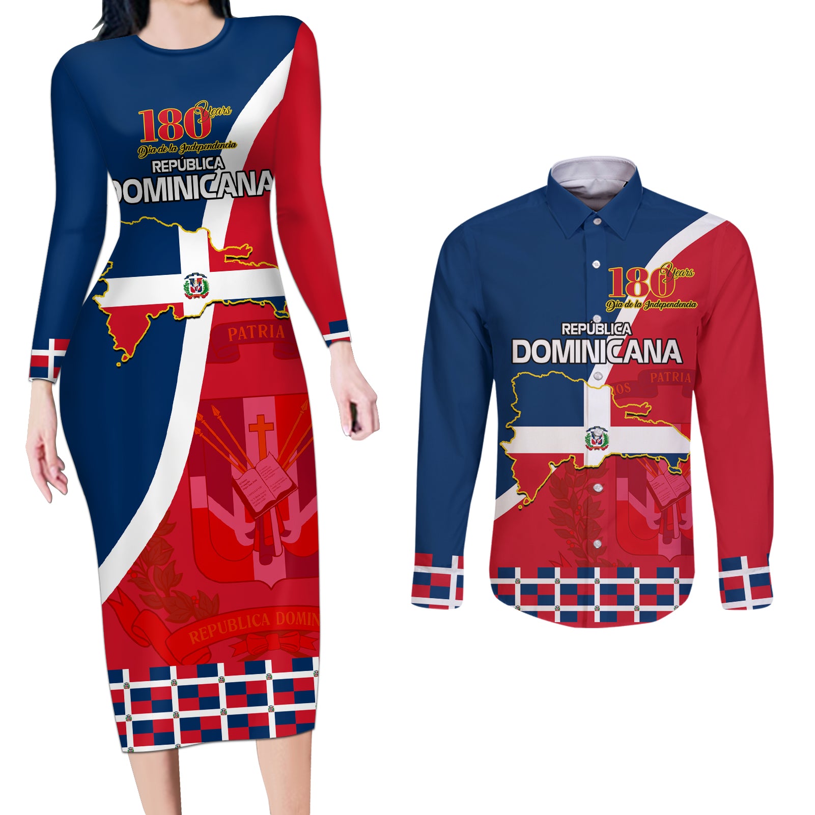 Dominican Republic 180th Years Independence Day Personalized Couples Matching Long Sleeve Bodycon Dress and Long Sleeve Button Shirt LT9 - Wonder Print Shop