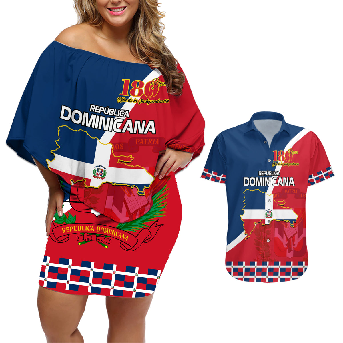 Dominican Republic 180th Years Independence Day Personalized Couples Matching Off Shoulder Short Dress and Hawaiian Shirt LT9 - Wonder Print Shop