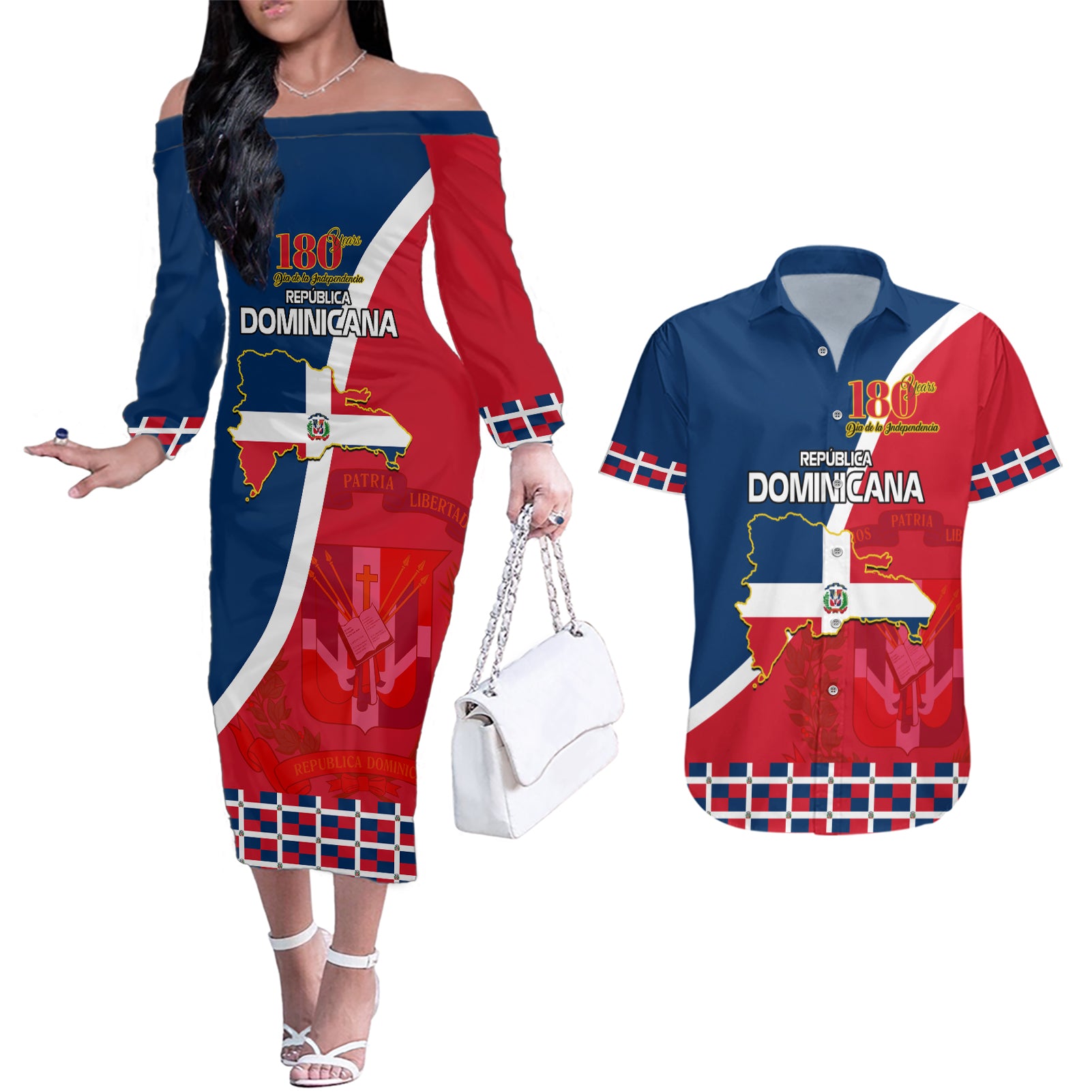 Dominican Republic 180th Years Independence Day Personalized Couples Matching Off The Shoulder Long Sleeve Dress and Hawaiian Shirt LT9 - Wonder Print Shop