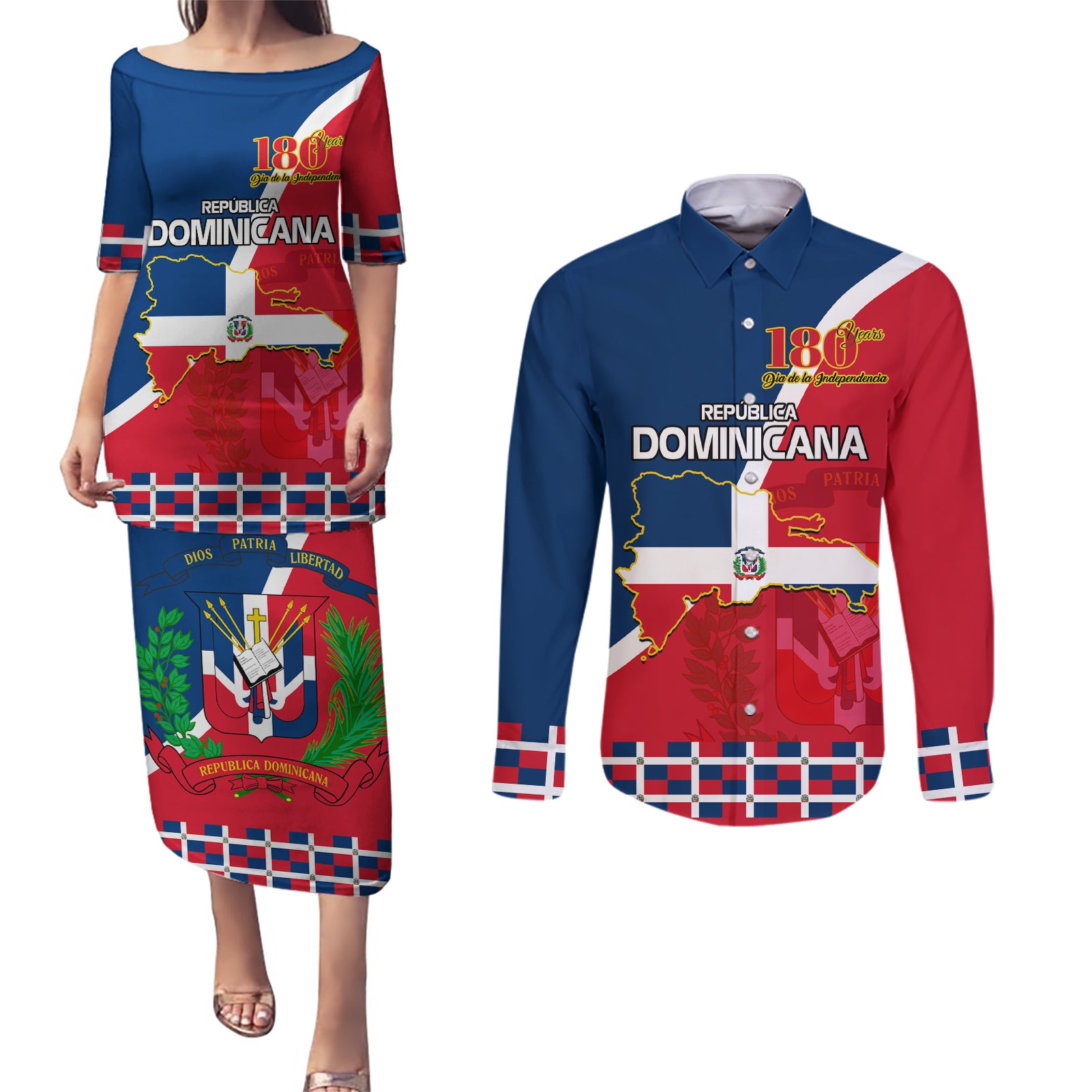 Dominican Republic 180th Years Independence Day Personalized Couples Matching Puletasi and Long Sleeve Button Shirt LT9 - Wonder Print Shop