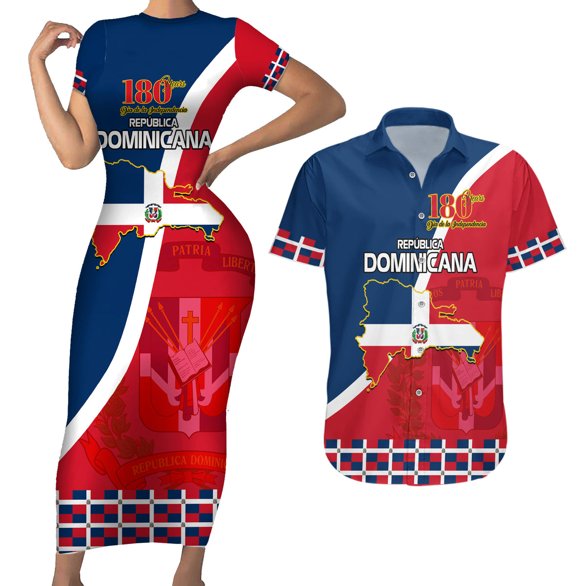 Dominican Republic 180th Years Independence Day Personalized Couples Matching Short Sleeve Bodycon Dress and Hawaiian Shirt LT9 - Wonder Print Shop