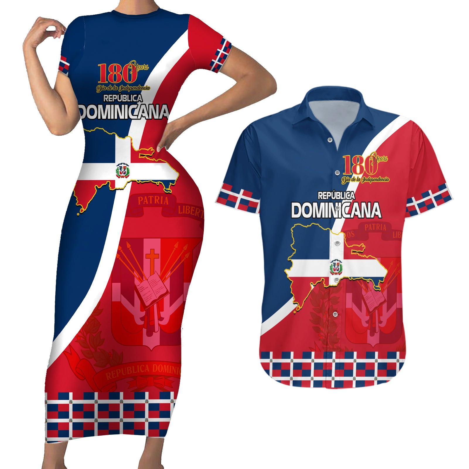 dominican-republic-180th-years-independence-day-personalized-couples-matching-short-sleeve-bodycon-dress-and-hawaiian-shirt