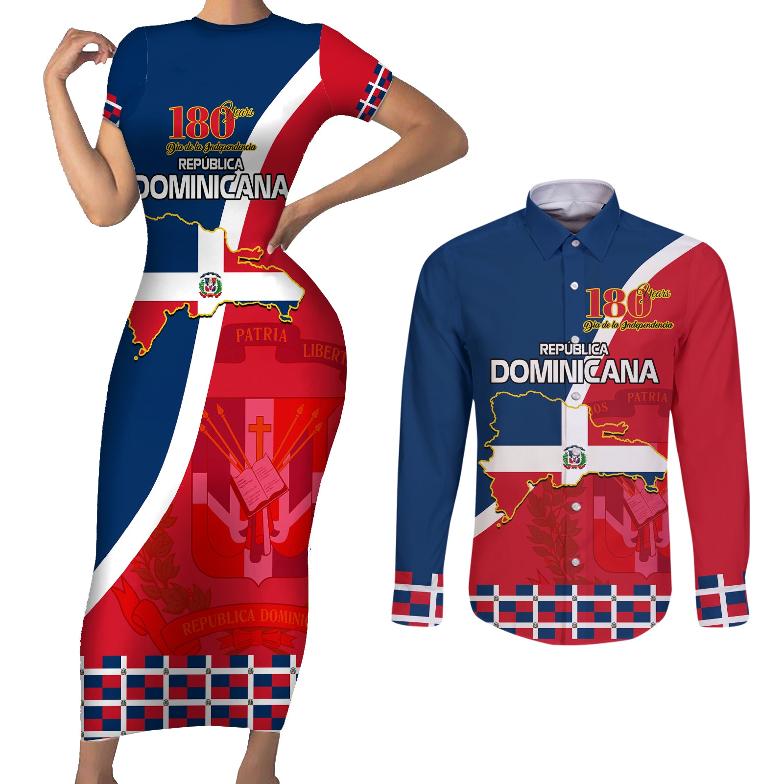 dominican-republic-180th-years-independence-day-personalized-couples-matching-short-sleeve-bodycon-dress-and-long-sleeve-button-shirt