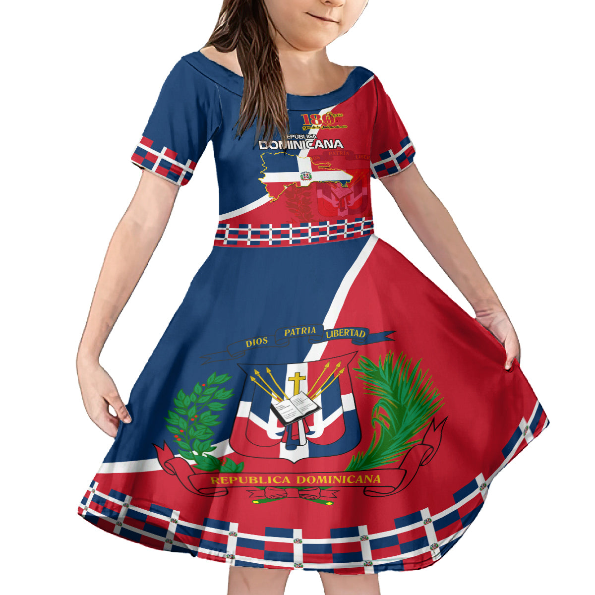 Dominican Republic 180th Years Independence Day Personalized Family Matching Off Shoulder Long Sleeve Dress and Hawaiian Shirt - Wonder Print Shop