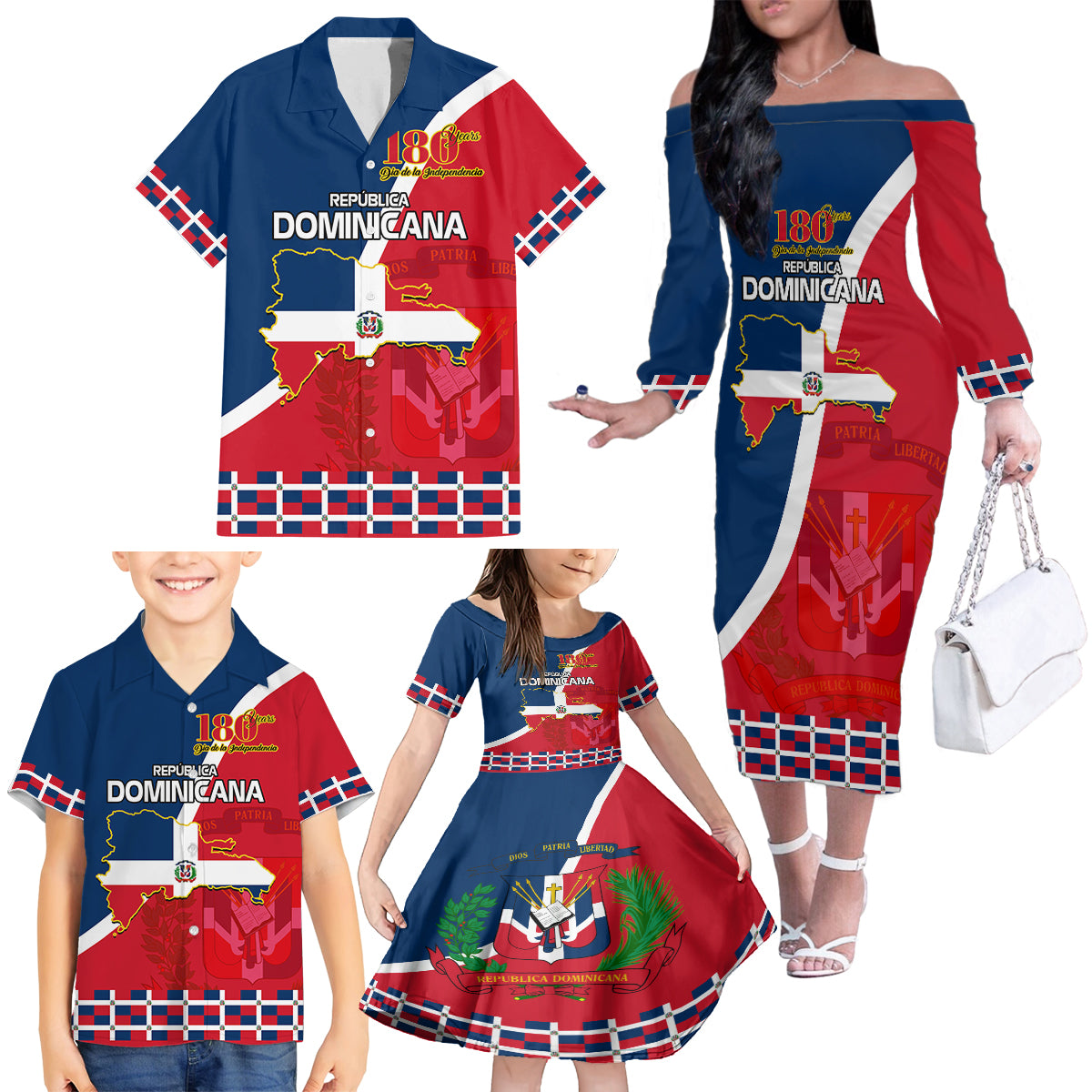Dominican Republic 180th Years Independence Day Personalized Family Matching Off Shoulder Long Sleeve Dress and Hawaiian Shirt - Wonder Print Shop