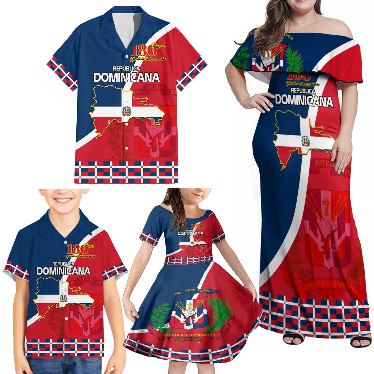 Dominican Republic 180th Years Independence Day Personalized Family Matching Off Shoulder Maxi Dress and Hawaiian Shirt LT9 - Wonder Print Shop