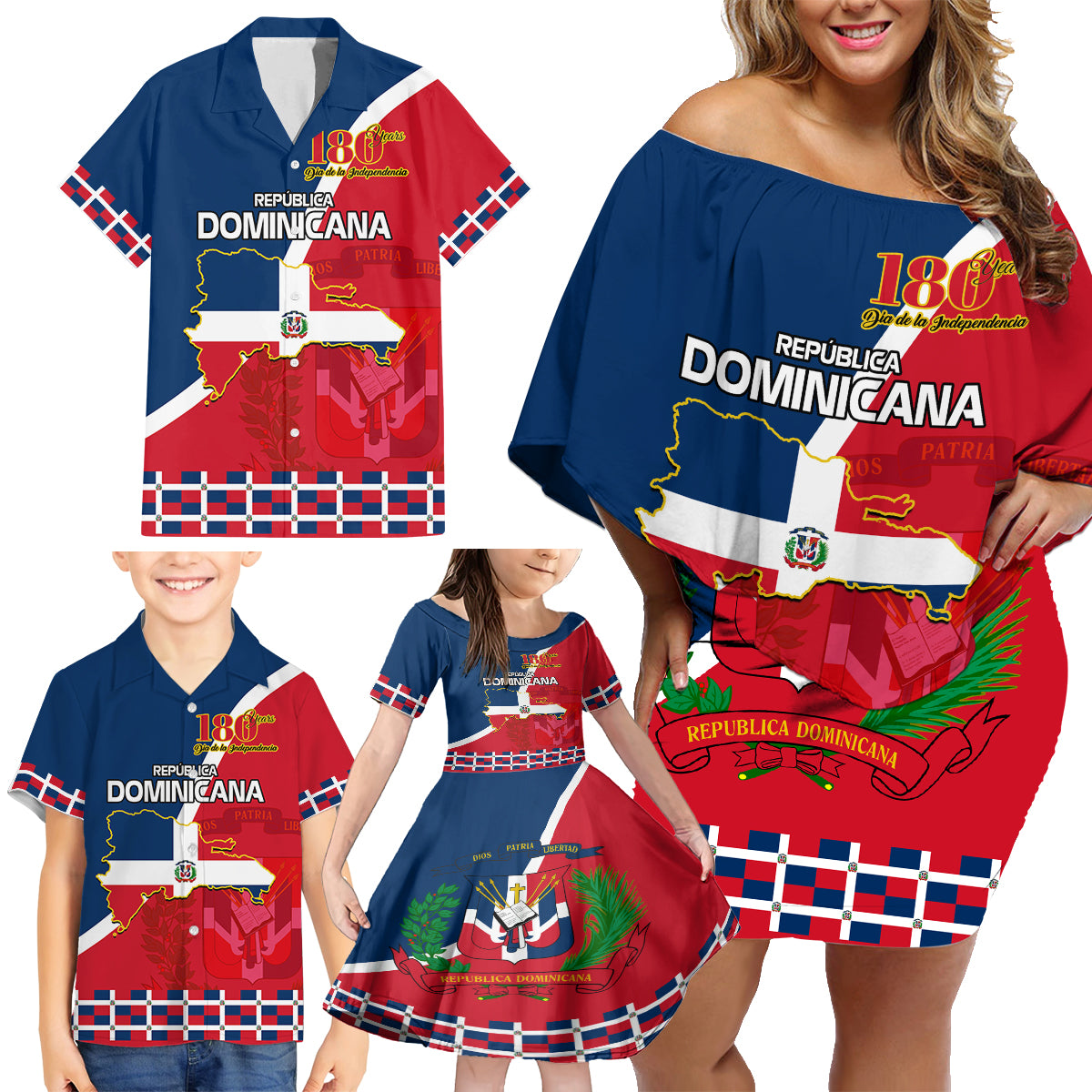 Dominican Republic 180th Years Independence Day Personalized Family Matching Off Shoulder Short Dress and Hawaiian Shirt LT9 - Wonder Print Shop