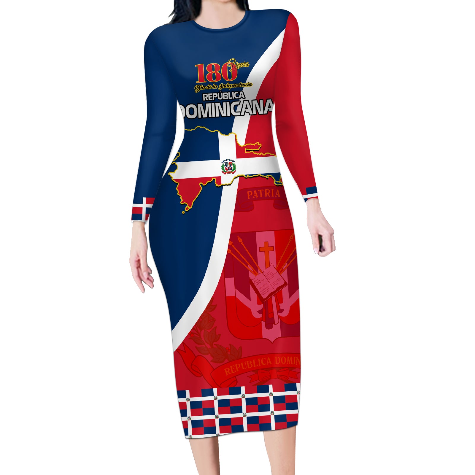 Dominican Republic 180th Years Independence Day Personalized Long Sleeve Bodycon Dress - Wonder Print Shop