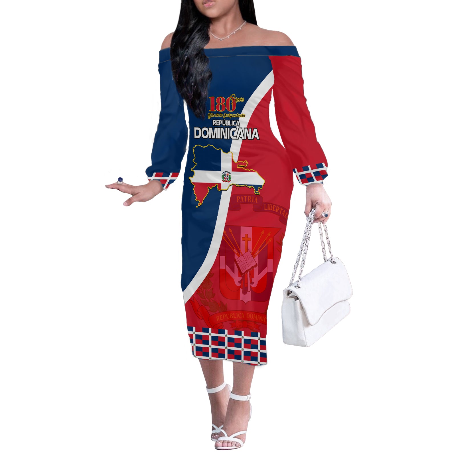Dominican Republic 180th Years Independence Day Personalized Off The Shoulder Long Sleeve Dress - Wonder Print Shop
