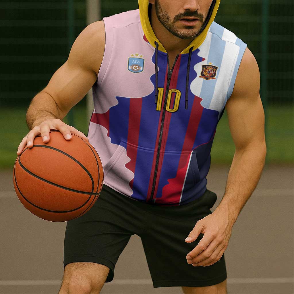 Custom Argentina and Spain Sleeveless Zip Hoodie Special Vintage Match Team Edition