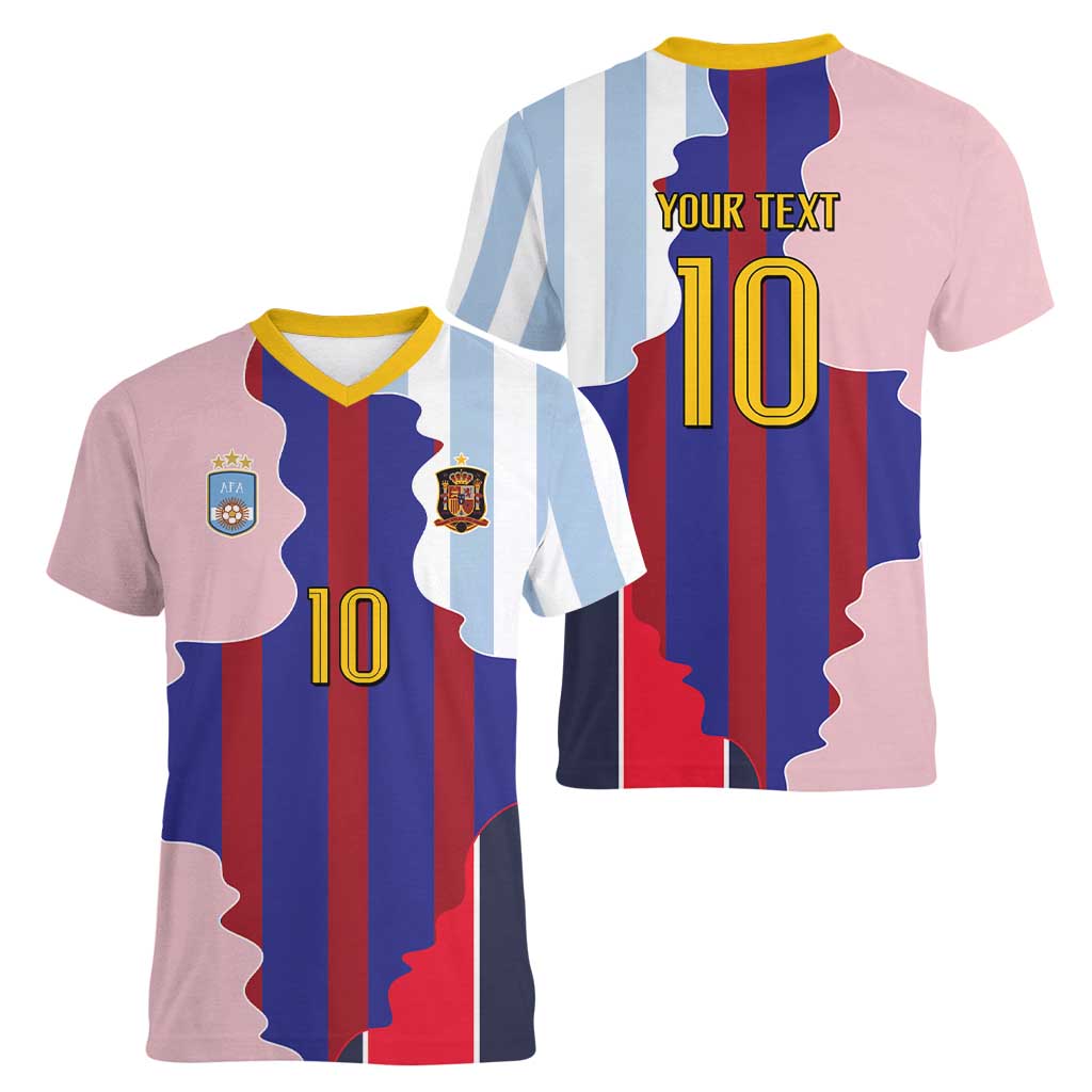 Custom Argentina and Spain Women V-Neck T-Shirt Special Vintage Match Team Edition