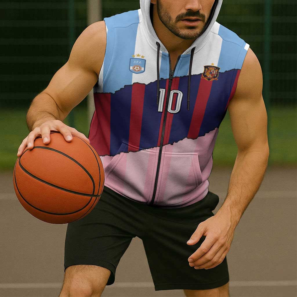 Custom Argentina and Spain Sleeveless Zip Hoodie Trio Special Vintage Edition